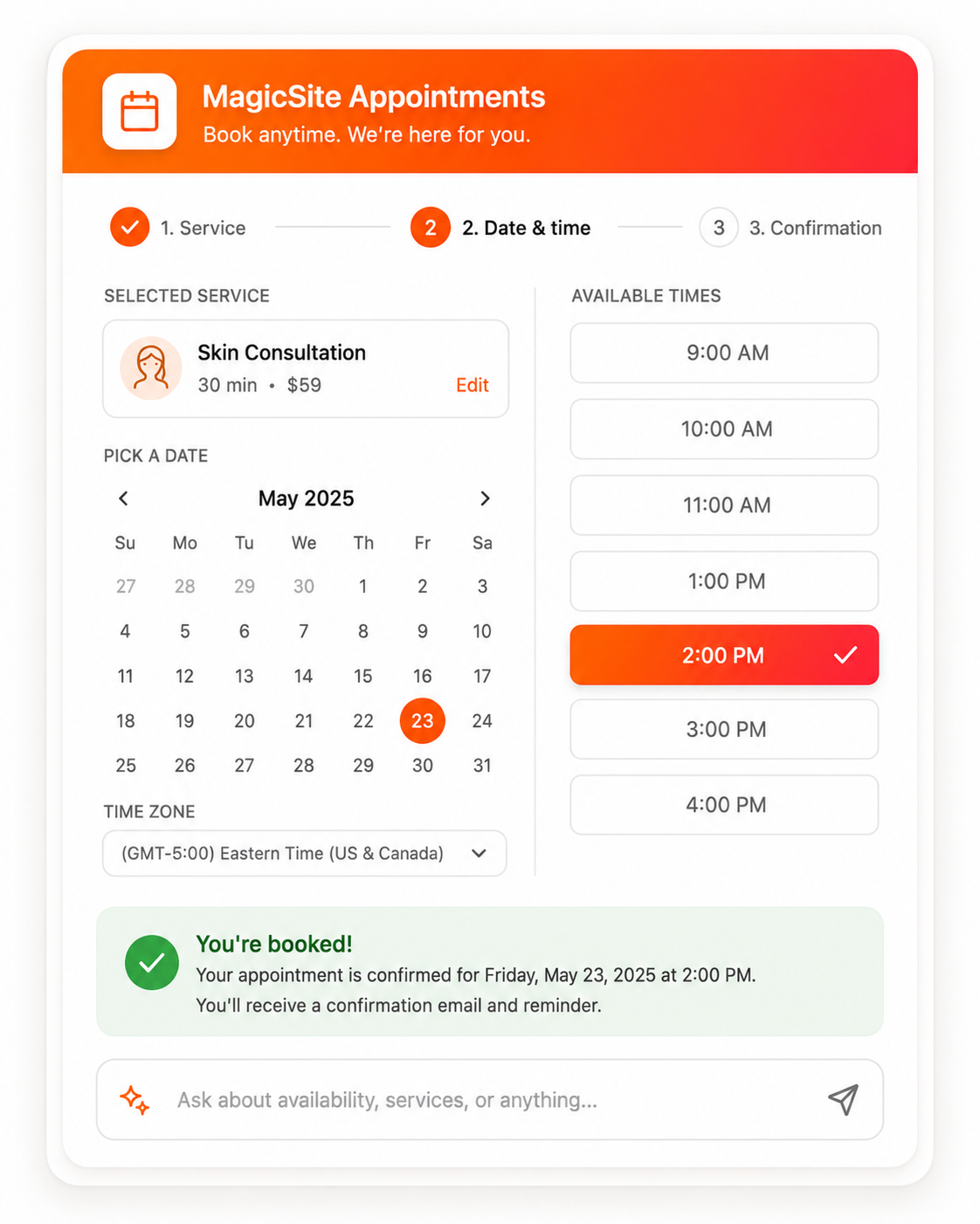 Booking request form on a MagicSite website